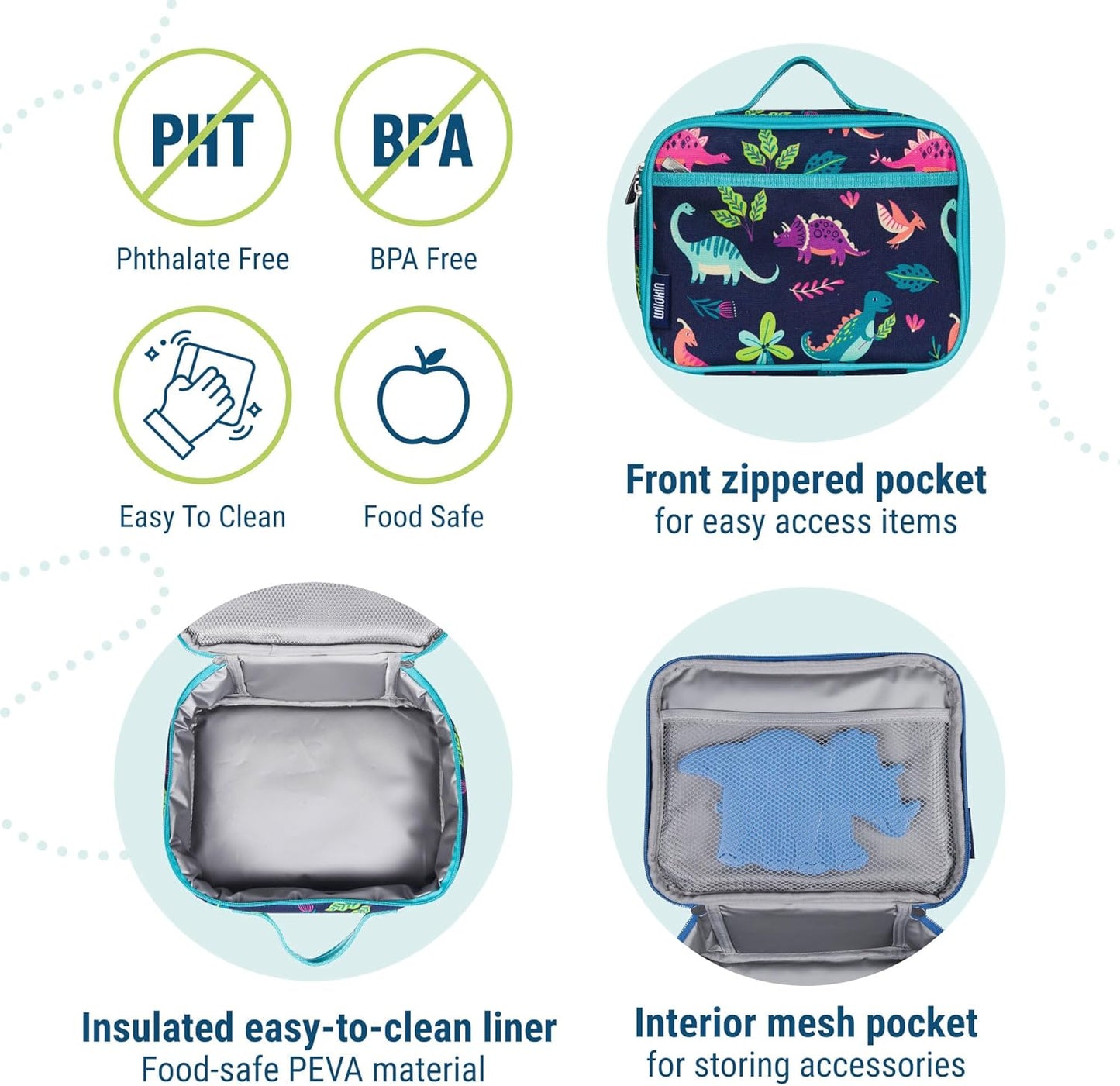 Wildkin Kids Insulated Lunch Box – Durable and Reusable for School & Travel - Darling Dinosaurs