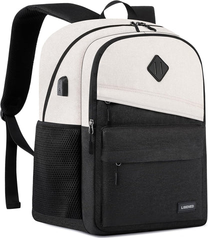 Backpack for Women, School Backpack with USB Charging Port for Teen Girls, 15.6 inch High College Bookbag Laptop Back Pack with Anti theft Water Resistant, Beige