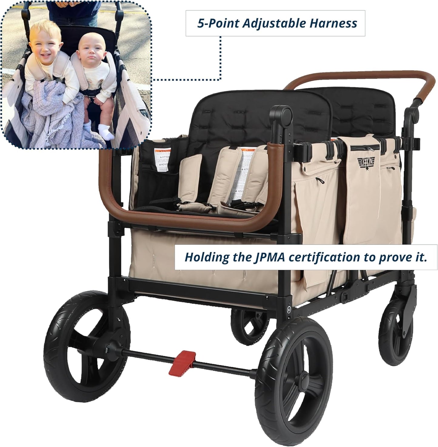 Keenz VYOO Stroller Wagon with Canopy - Foldable Design for Easy Storage, 5 Seating Positions for Kids, Enhanced Child Safety, All-Terrain Mobility, 4-Passangers, Mocha
