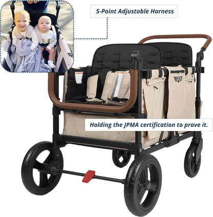 Keenz VYOO Stroller Wagon with Canopy - Foldable Design for Easy Storage, 5 Seating Positions for Kids, Enhanced Child Safety, All-Terrain Mobility, 4-Passangers, Mocha