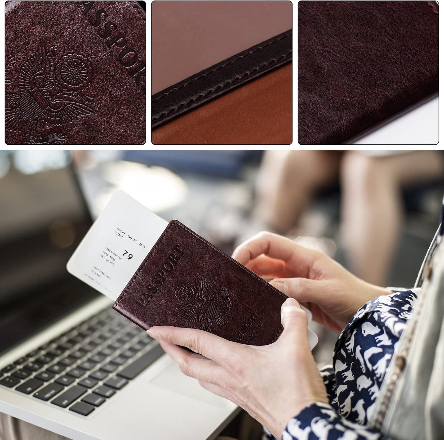 TIGARI Passport Holder for Travel Women Men, PU Leather Passport Wallet Cover Case Sleeve, Waterproof Protected Document Organizer, Family Vacation Plane Cruise Travel Essentials-Black brown