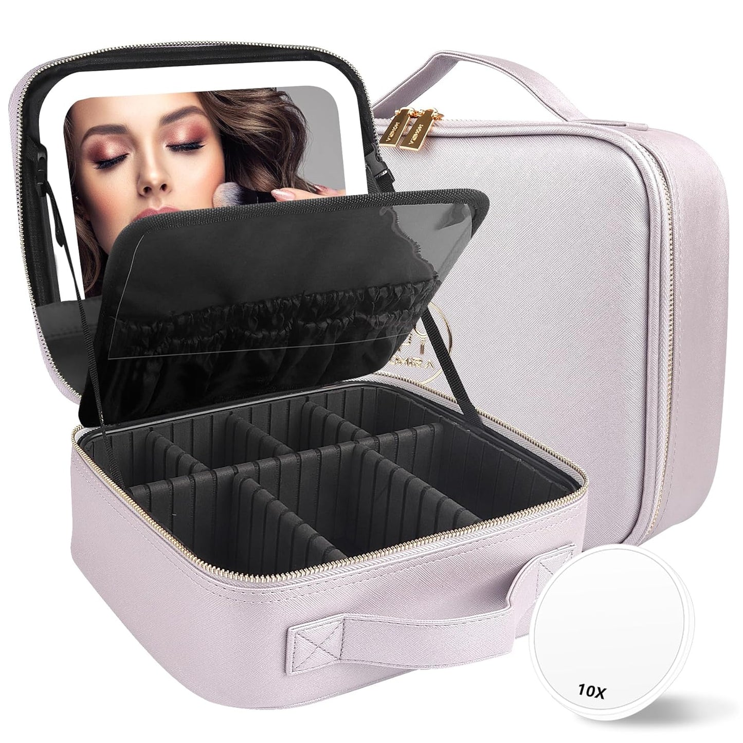 MOMIRA Travel Makeup Bag Cosmetic Bag Makeup Organizer Bag with Lighted Mirror, Adjustable Brightness in 3 Color Scenarios, Waterproof Makeup Train Case, Gift for Women - Violet grey