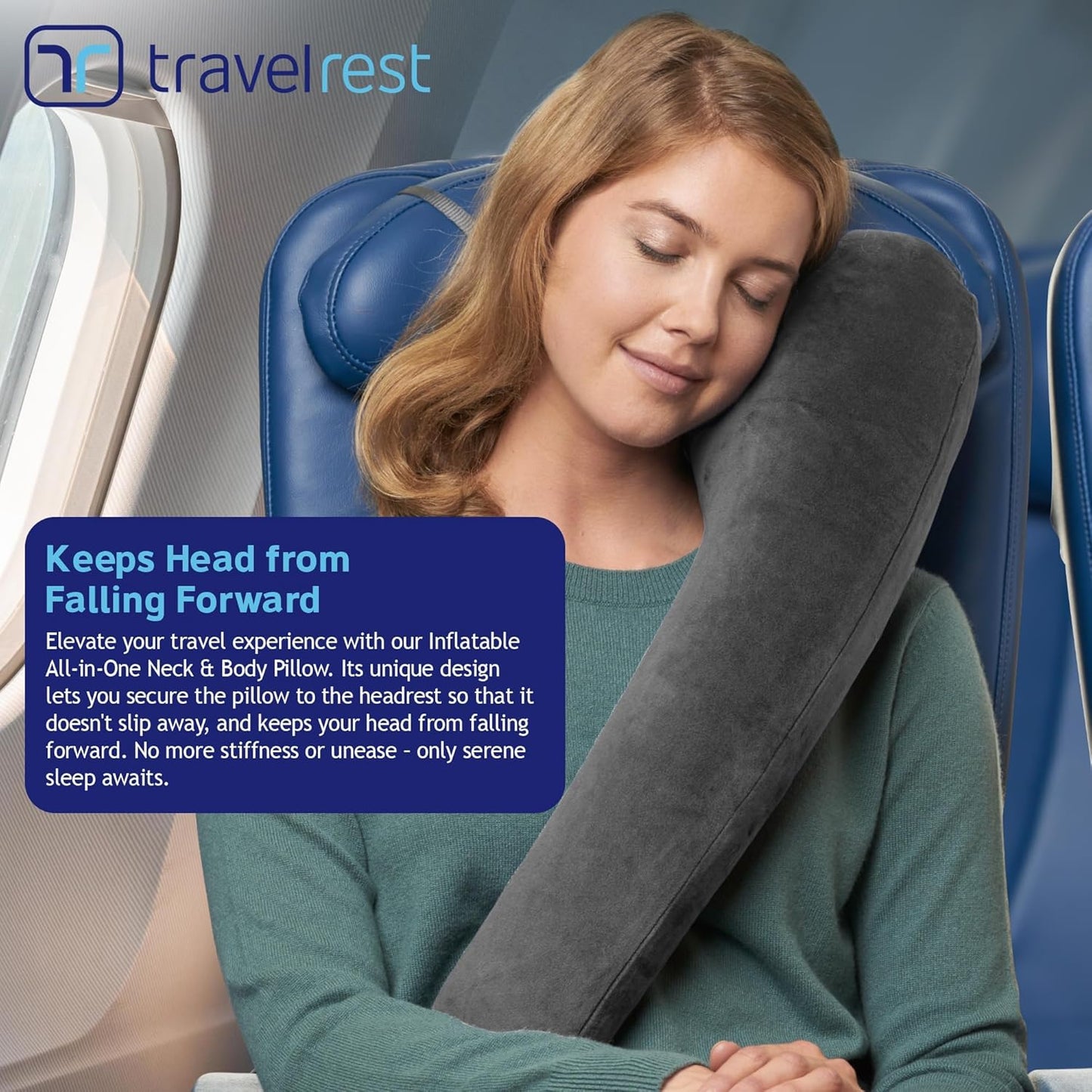 TRAVELREST All-in-One Neck & Body Pillow, Advanced Support Design, Travel Essential, Memory Foam Inserts, Inflatable, Airplane & Car Seat, Sleeping on Long Flight & Trips, Grey (Washable Velour Cover)