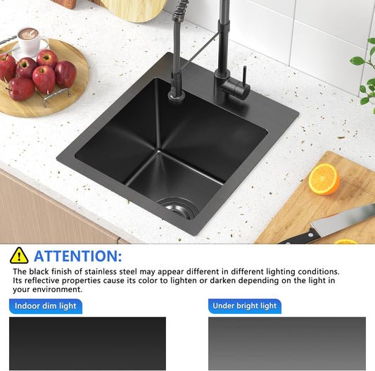 13 x 15 inch Drop in Bar Sink Black, Small Topmount Kitchen Sink Single Bowl 18 Gauge Handmade Wet Bar Sink with Drain