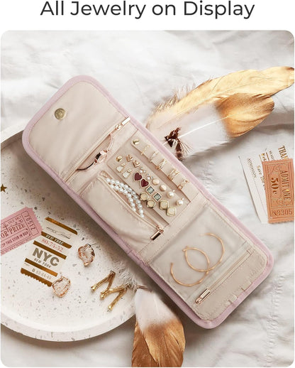 BAGSMART Travel Jewelry Organizer Case, Foldable Jewelry Roll for Necklaces, Earrings, Journey-Rings, Bracelets, Brooches, Portable, Pink