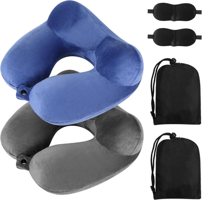 Sintuff 2 Pcs Inflatable Travel Pillow with Compact Bag and Blindfold Velvet Inflatable Neck Airplane Pillow Washable Cushion for Airplanes Flight Car Long Traveling Kids Adults Grey Blue