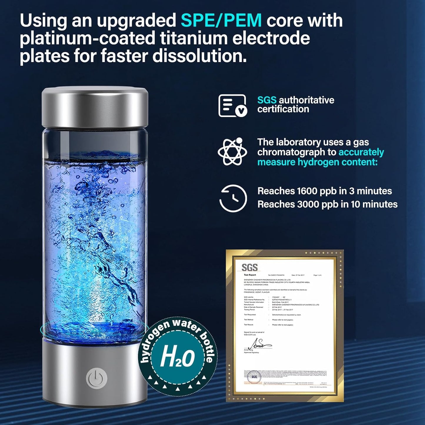 Hydrogen Water Bottle, 3000PPB Portable Hydrogen Water Ionizer Machine, Rechargeable Hydrogen Water Bottle Generator,with SPE & PEM, Hydrogen Water Cup for Exercise, Travel, Home, Office(1pcs)