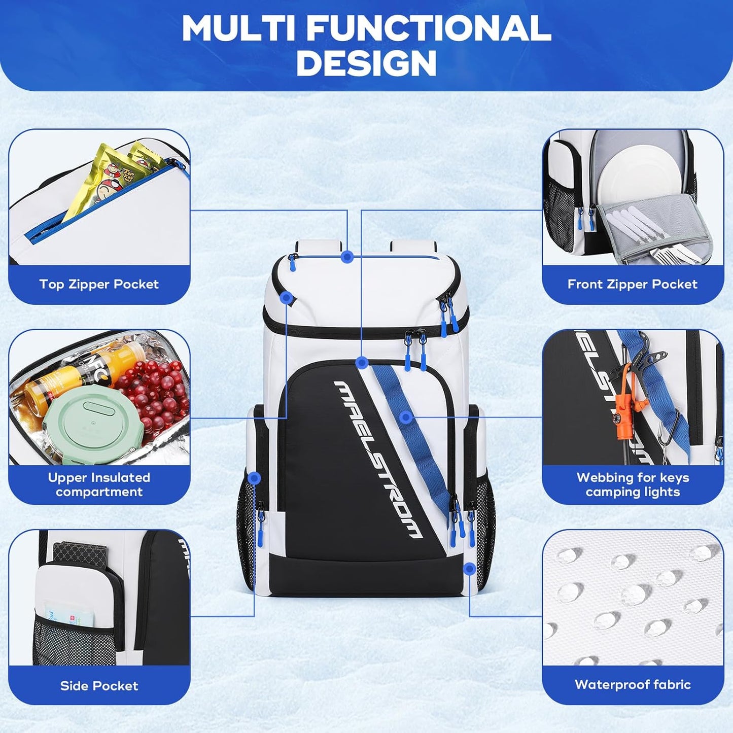 Maelstrom Backpack Cooler,36 Can Cooler Backpack,Soft Cooler Bag Insulated Leakproof,Lightweight Ice Chest Backpack,Travel Cooler Lunch Backpack for Camping,Hiking,Beach,White