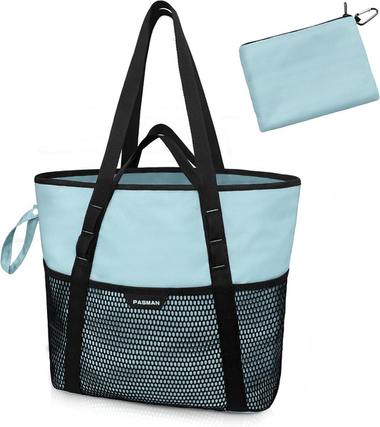 Beach Bag with Zipper - 8 Pockets Sandproof Beach Tote Bag for Women,Foldable Lightweight Family Swim Bag Vacation