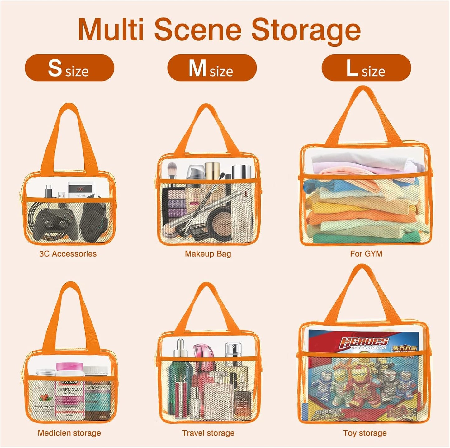 XEWEA Clear Travel Toiletry Bags, 3 Pack TSA Approved Transparent Makeup Bag for Men Women, Large Waterproof PVC Quart Organizer with Zipper for Toiletries Airline Essentials,Toy Storage Pouch Orange