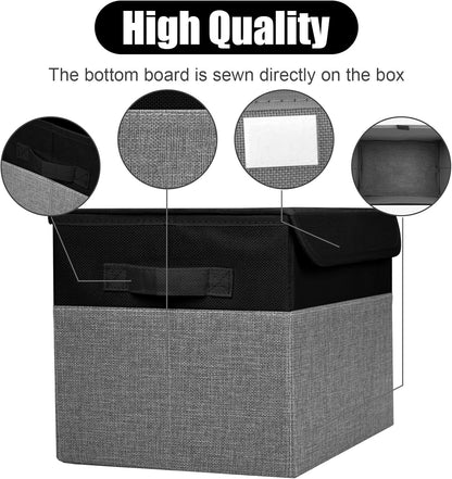 Large 22 Quart Linen Fabric Foldable Storage Bin Cube Organizer Basket with Flip-Top Lid & Handles, Clothes Blanket Box for Home, Office, Closet, Black & Gray, 4 Pack 14.6 x 9.5 x 9.5