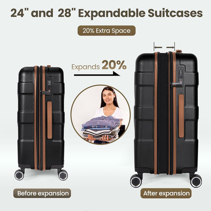 Luggage Sets 3 Piece with Spinner Wheel, Hardside Suitcase Set with TSA Lock, Expandable Lightweight Travel Luggage for Men and Women, Black