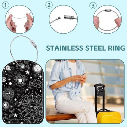 Sun Moon Luggage Tag for Suitcase Set of 2 PU Leather Cute Luggage Tags with Stainless Metal Loop ID Label Privacy Flap Suitcase Tags for Women and Men Travel