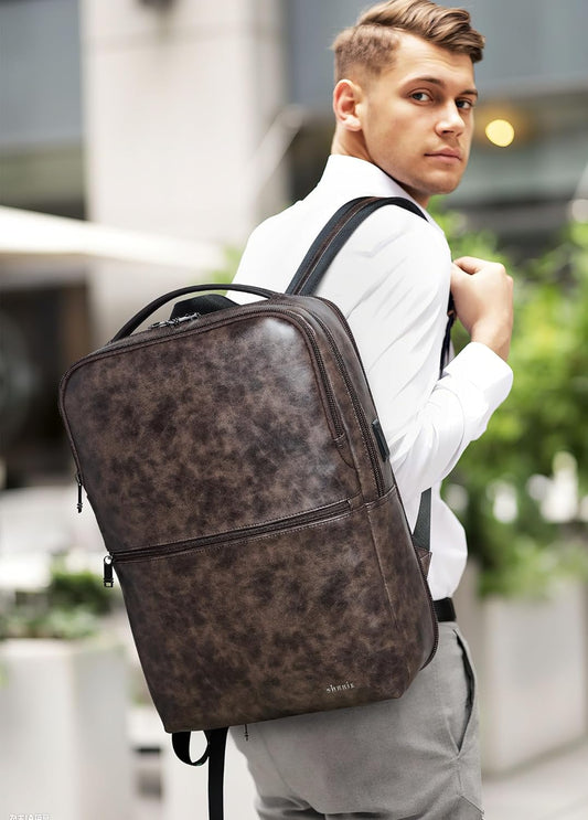 Vegan Leather Laptop Backpack for Women&Men,16 Inch Expandable Backpack with USB Charging Port,Two-toned Coffee