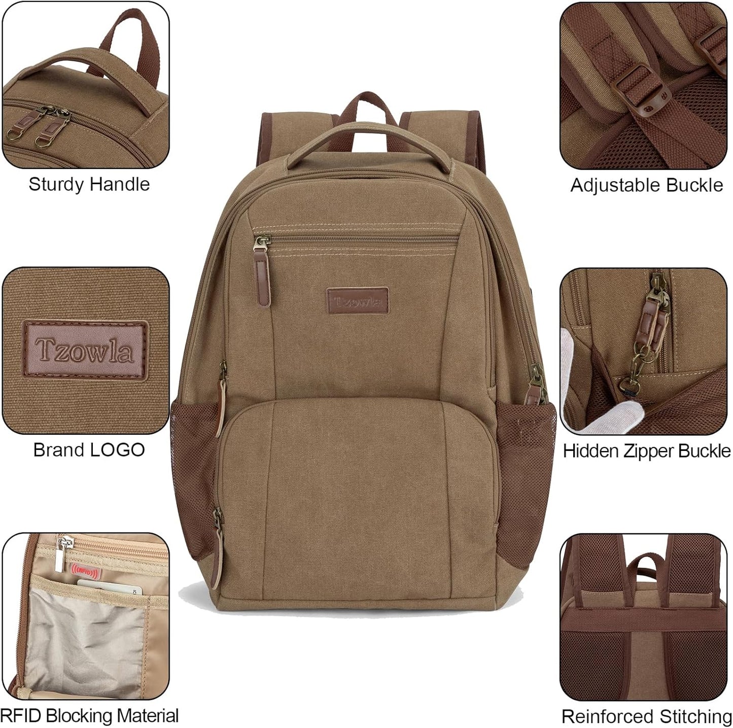 Tzowla Canvas Laptop College Backpack for Men and Women,Travel Work Vintage Rucksack with USB/Type-C Charging Port,Lightweight Hiking Casual Daypack Backpacks fit 15.6 inch Notebook,Brown