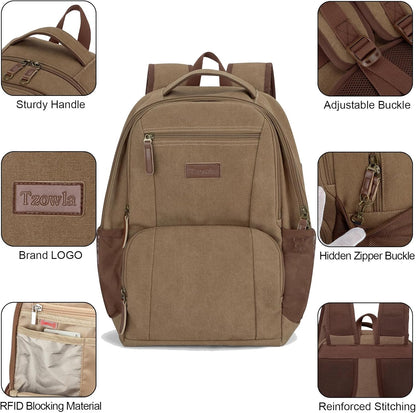 Tzowla Canvas Laptop College Backpack for Men and Women,Travel Work Vintage Rucksack with USB/Type-C Charging Port,Lightweight Hiking Casual Daypack Backpacks fit 15.6 inch Notebook,Brown