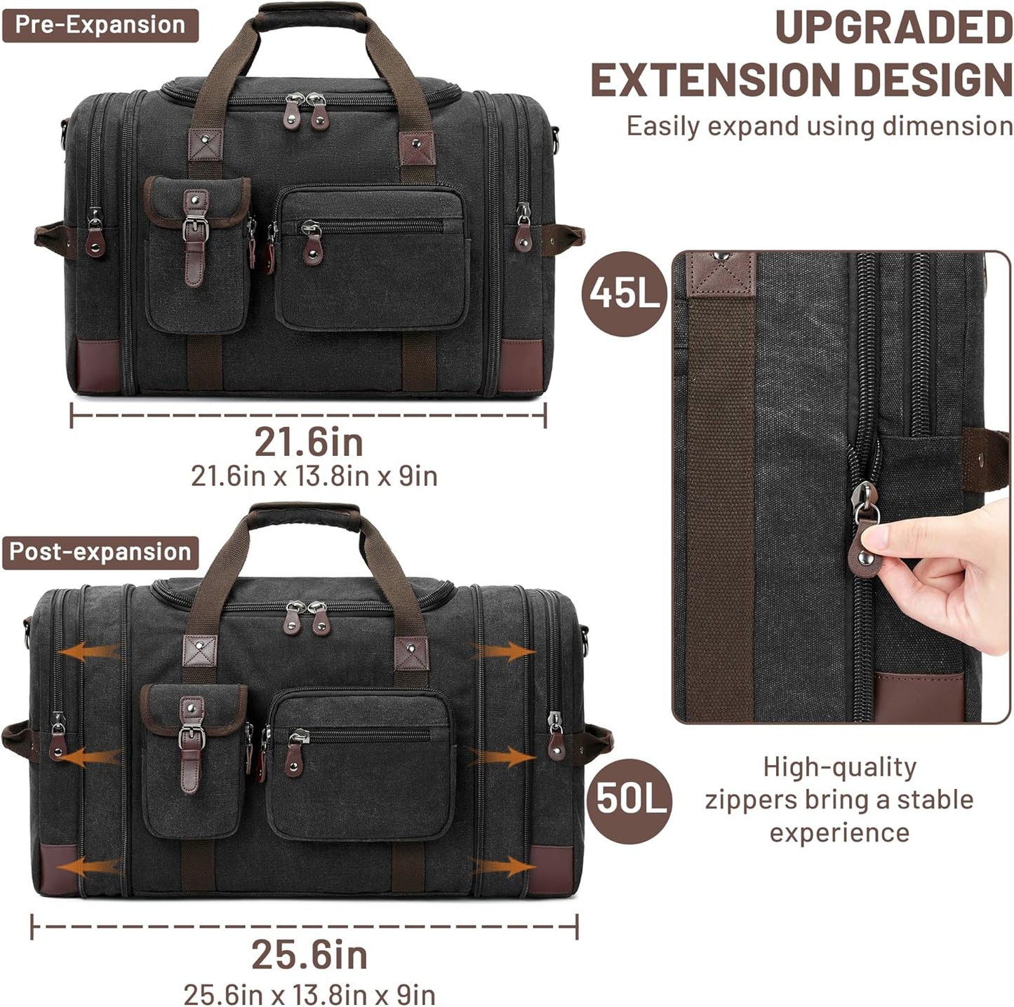 Travel Duffle Bag for Men, Heavy Duty Canvas Duffle Bag, Carryon Bags for Airplanes, Expandable Vintage Leather Overnight Luggage Weekender Bag, Waterproof Anti-tear Canvas Bag