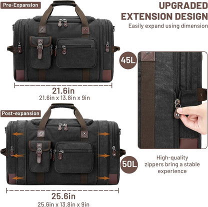 Travel Duffle Bag for Men, Heavy Duty Canvas Duffle Bag, Carryon Bags for Airplanes, Expandable Vintage Leather Overnight Luggage Weekender Bag, Waterproof Anti-tear Canvas Bag
