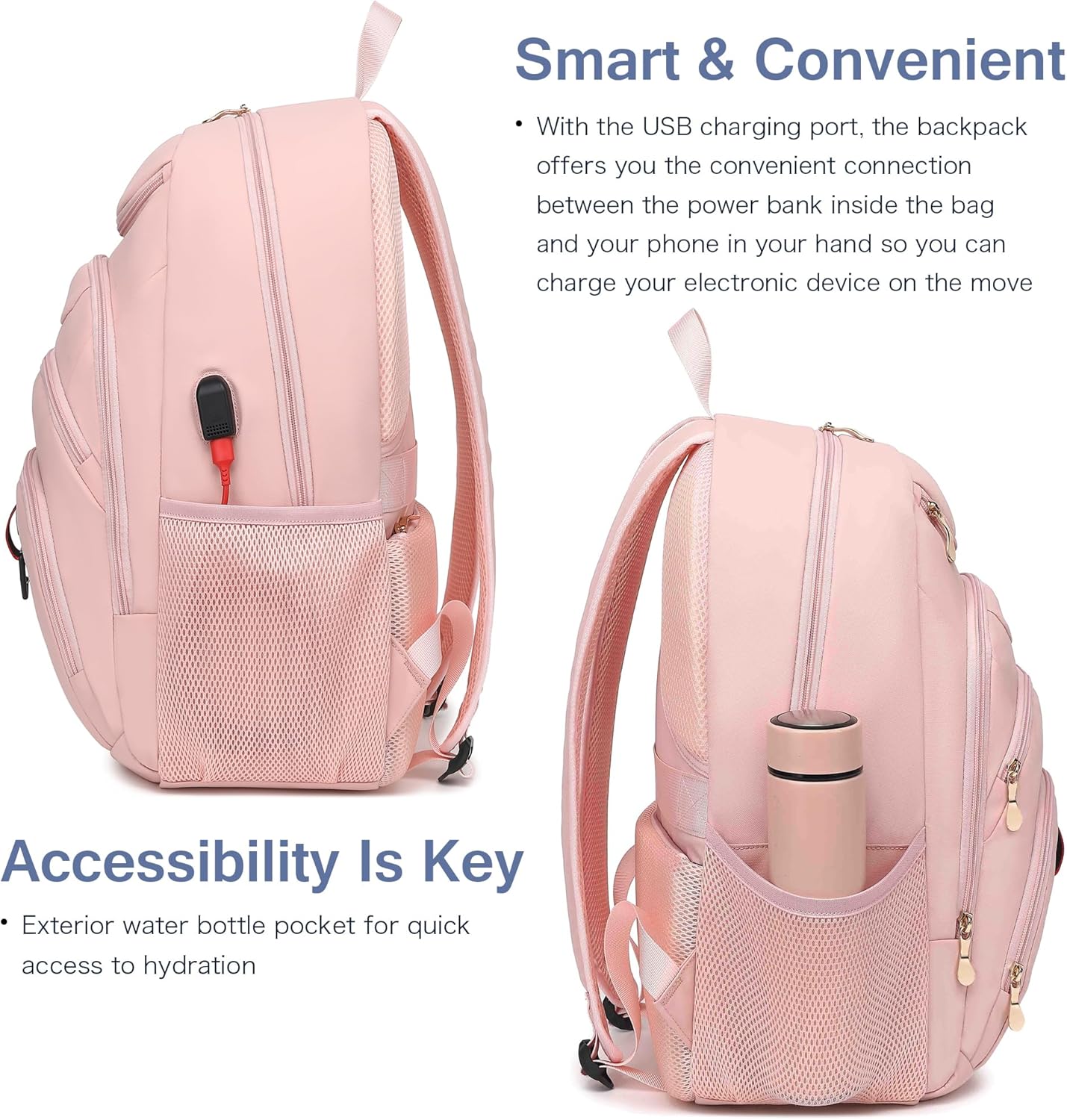 Boavan Laptop Backpack for women, 15.6 inch Laptop Bag with USB Port, Waterproof Travel Work Backpack Purse, Anti-Theft Teacher Nurse Doctor Casual Bookbags Office Business backpack，Pink