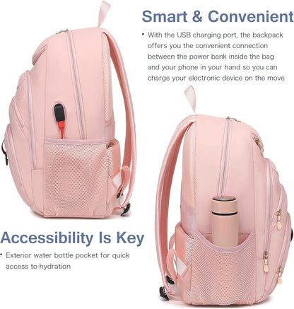 Boavan Laptop Backpack for women, 15.6 inch Laptop Bag with USB Port, Waterproof Travel Work Backpack Purse, Anti-Theft Teacher Nurse Doctor Casual Bookbags Office Business backpack，Pink