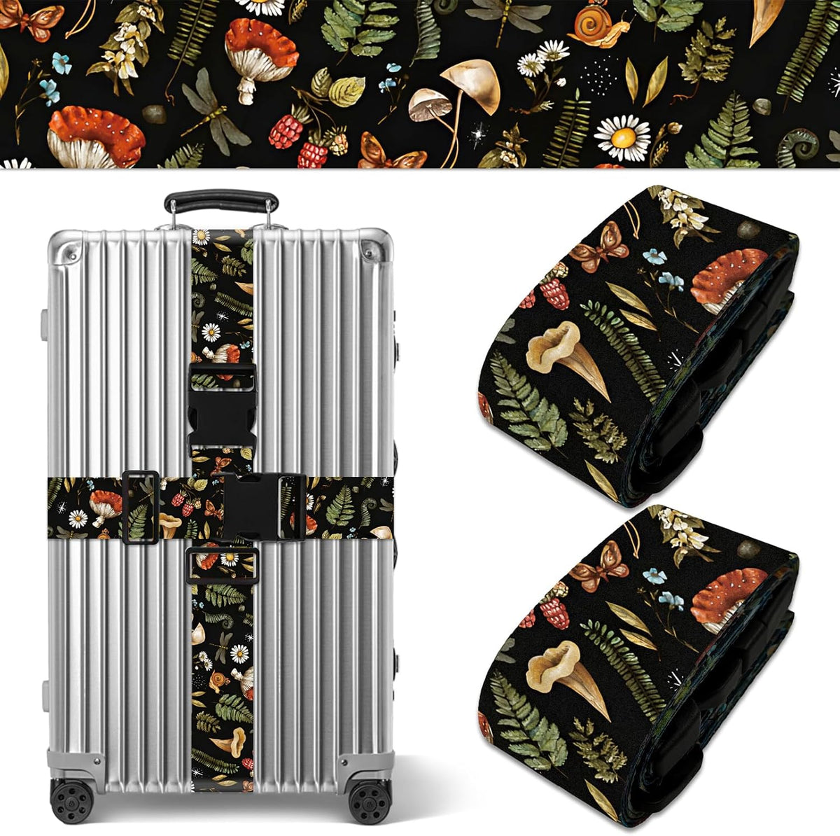 Mushroom Luggage Straps for Suitcases TSA Approved, Luggage Identifiers for Suitcase, Adjustable Suitcase Strap for Baggage Security with Cute Patten, Travel Necessary Accessories (2Pack)