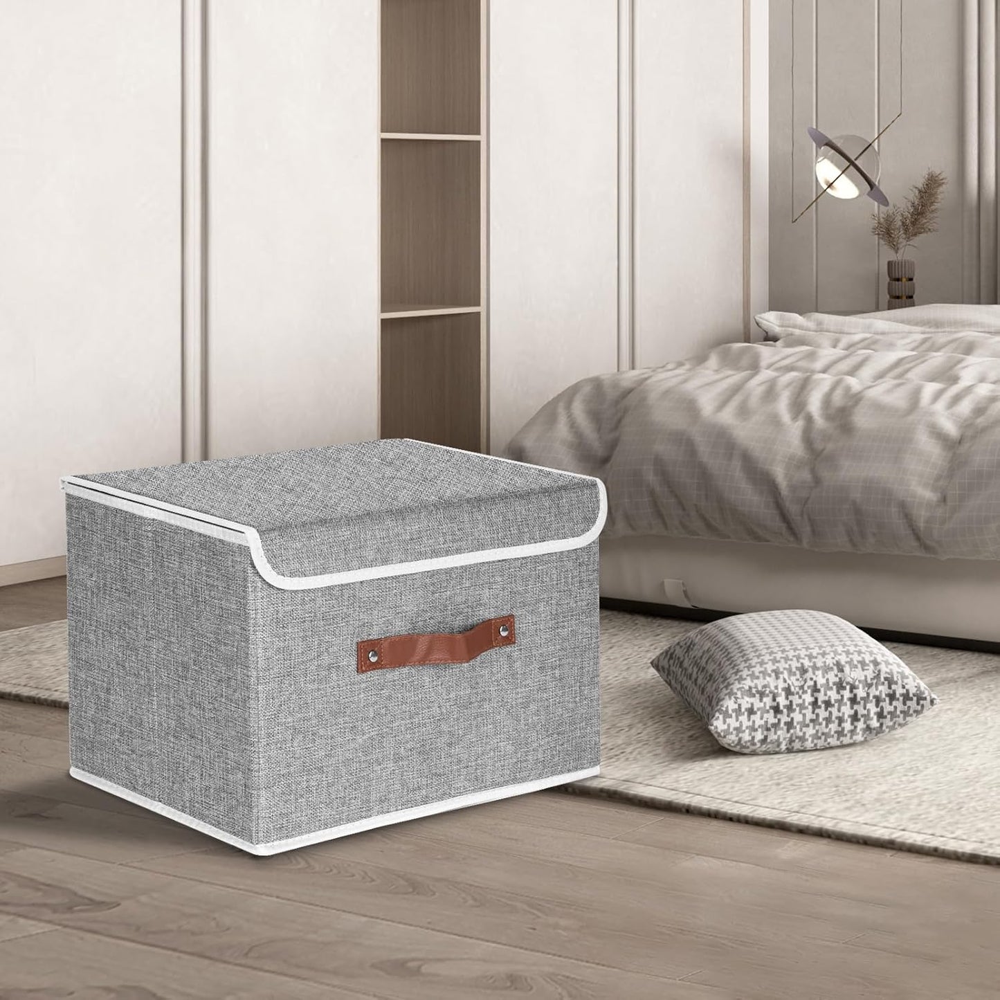 TYEERS Collapsible Storage Boxes, Washable Fabric Storage Bins with Lids, 14.9x9.8x9.8 inches, 3 Pack, Gray