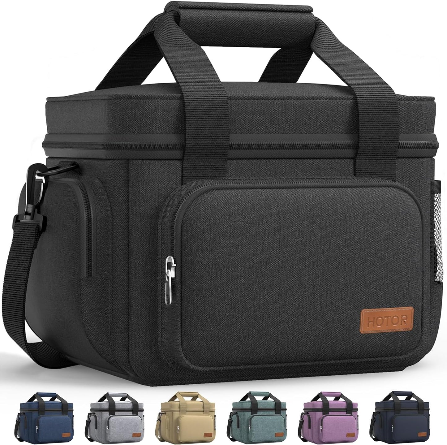 HOTOR Lunch Box for Men and Women - Leak-Proof Insulated Lunch Cooler Bag with Adjustable Strap, Multiple Pockets for Office, Picnic, Hiking, Beach, 1 Layer, 18L, Black, 13.4" x 9.1" x 10.0"