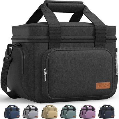 HOTOR Lunch Box for Men and Women - Leak-Proof Insulated Lunch Cooler Bag with Adjustable Strap, Multiple Pockets for Office, Picnic, Hiking, Beach, 1 Layer, 18L, Black, 13.4" x 9.1" x 10.0"