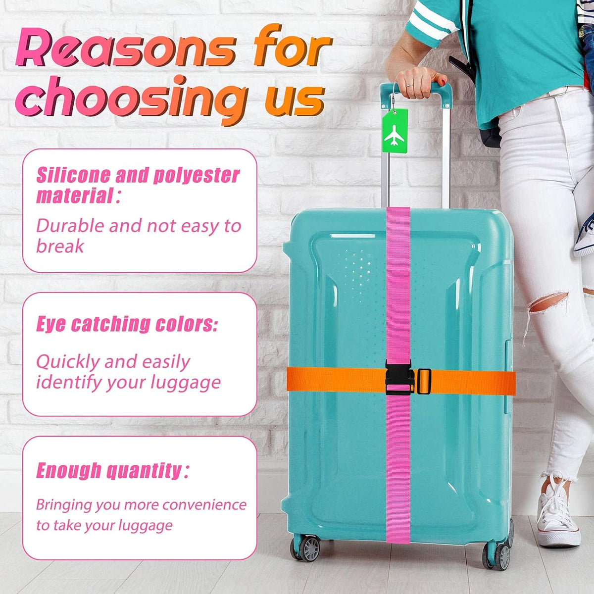 Weewooday 8 Pcs Luggage Straps Suitcase Tags Set for TSA Approved, 4 Travel Adjustable Suitcase Belt, 4 Silicone Luggage Tags with Name ID Card Travel Accessories(Blue, Pink, Green, Orange,Airplane)