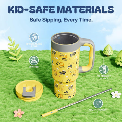 24 oz Stainless Steel Cup with Handle for Preschooler: BPA-Free, Lid with Straw, Easy to Clean, Car Cupholder Friendly, Insulated Tumbler for Playtime, Sports, Summer Camp, Vacation, Gift (Dig It Up)