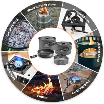 27pcs Camping Cookware Mess Kit for 2-4 People, Portable Cookware Set with Kettle, Pots & Pans, Stainless Steel Utensils, Plates, Dishware for Backpacking, Picnic, Outdoor Adventures