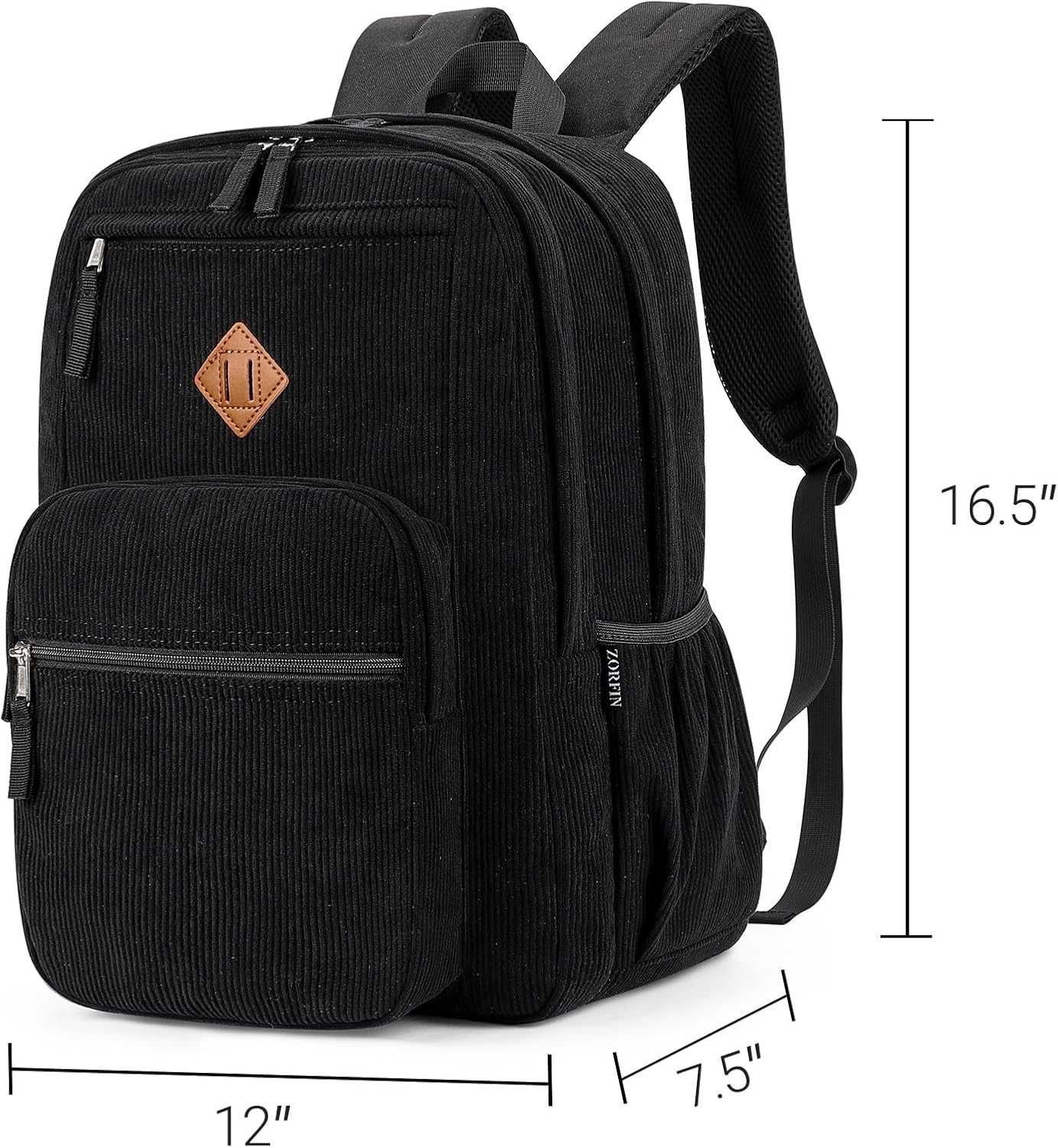 ZORFIN 26L Backpack for College, and Travel: Corduroy Bookbag - Black