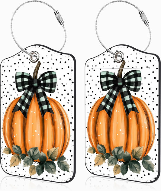 Pumpkin with Checkered Bow Set of 2 Luggage Tags for Suitcases Black Polka Dot Leather Suitcase Tags Identifiers with Privacy Name Label and Stainless Steel Loop for Women Travel Luggage Accessories
