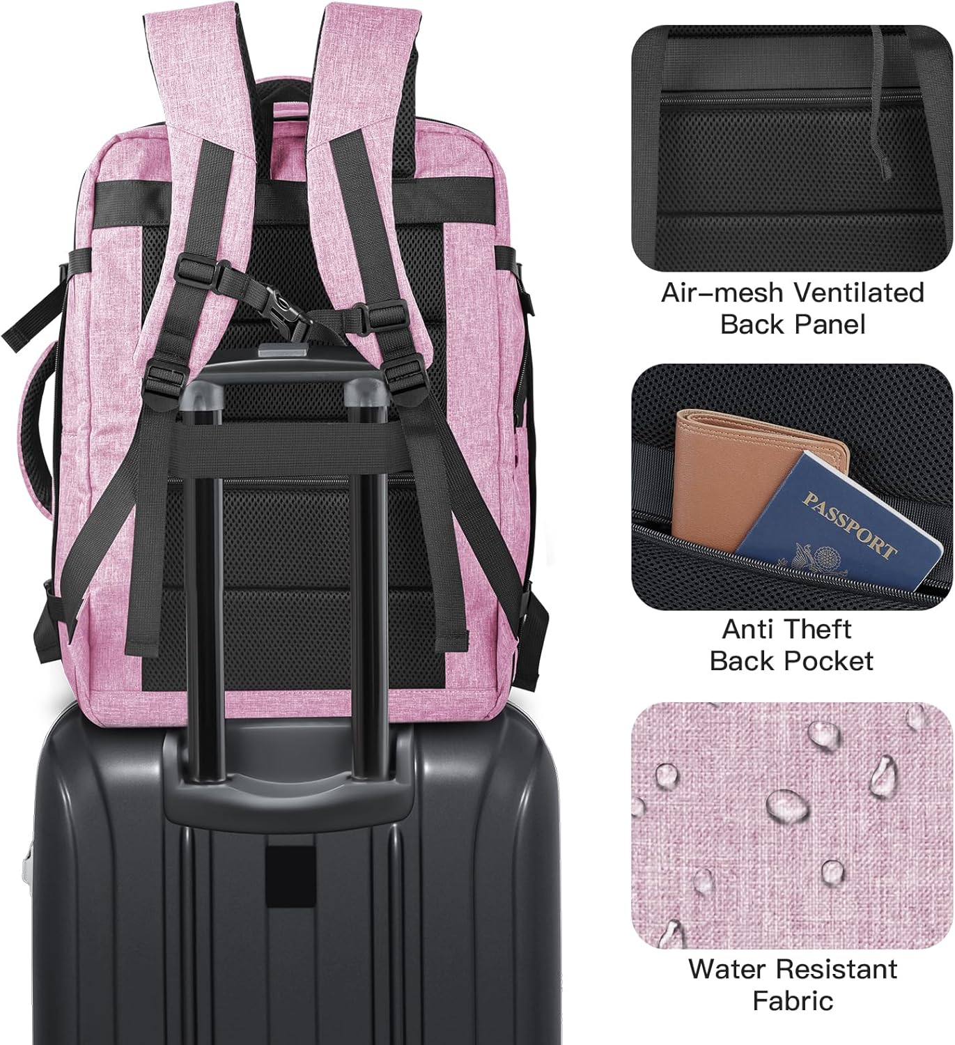 Carry On Backpack, 40-50L Travel Backpack for Men & Women, Expandable Backpack For Airplanes, 17 Inch Laptop Backpack, Luggage Suitcase 40L Daypack Lightweight Business Weekender Bag, Light Pink