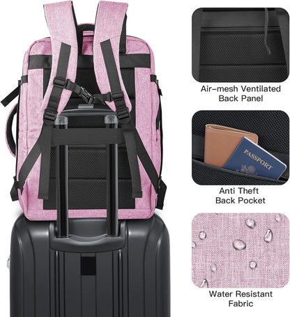 Carry On Backpack, 40-50L Travel Backpack for Men & Women, Expandable Backpack For Airplanes, 17 Inch Laptop Backpack, Luggage Suitcase 40L Daypack Lightweight Business Weekender Bag, Light Pink