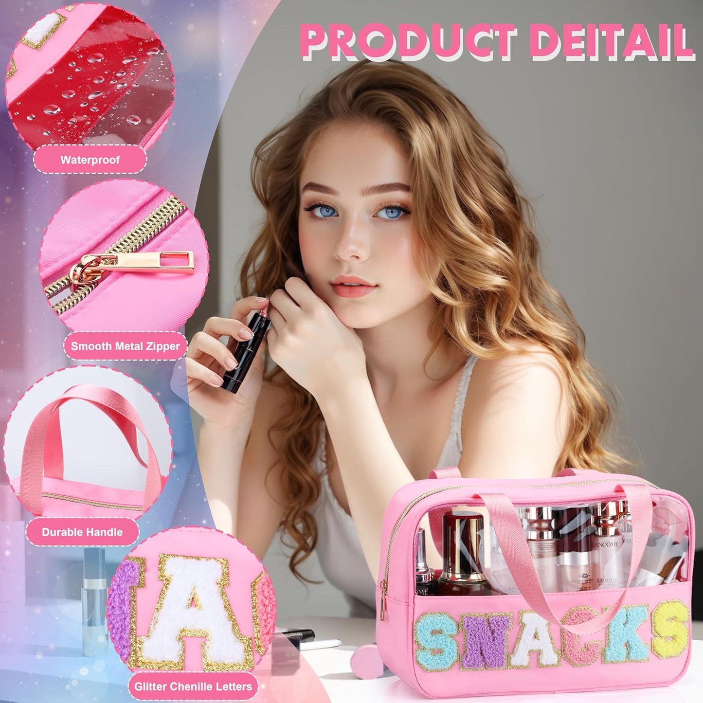 Snack Bag for Travel - Chenille Letter Clear Makeup Bag, Large Preppy Patch Snack Cosmetic Bag with Handle and Zipper, Cute Makeup Pouch Nylon&PVC Waterproof Toiletry Organizer Storage for Women Girls