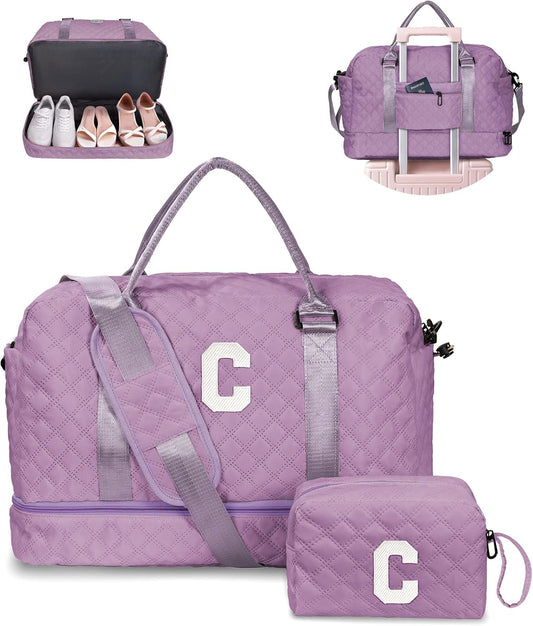 Birthday Gifts for Women-Initial Duffle Bag with Shoe Compartment, Personalized Weekender Bag, Monogram Overnight Bag, Letter Travel Bag with Makeup Bag，Friend Wife Birthday Gift (Letter C)