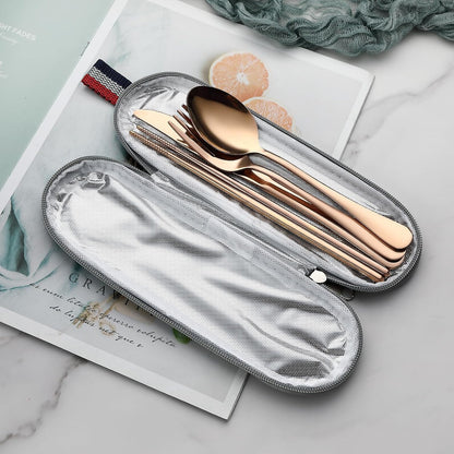 DEVICO Camping Utensils, Portable Travel Utensils with Case, Stainless Steel Reusable Silverware for Lunch Adult, 5Pcs Cutlery Set Includes Knife Spoon Fork Chopsticks and Case (Rose Gold)