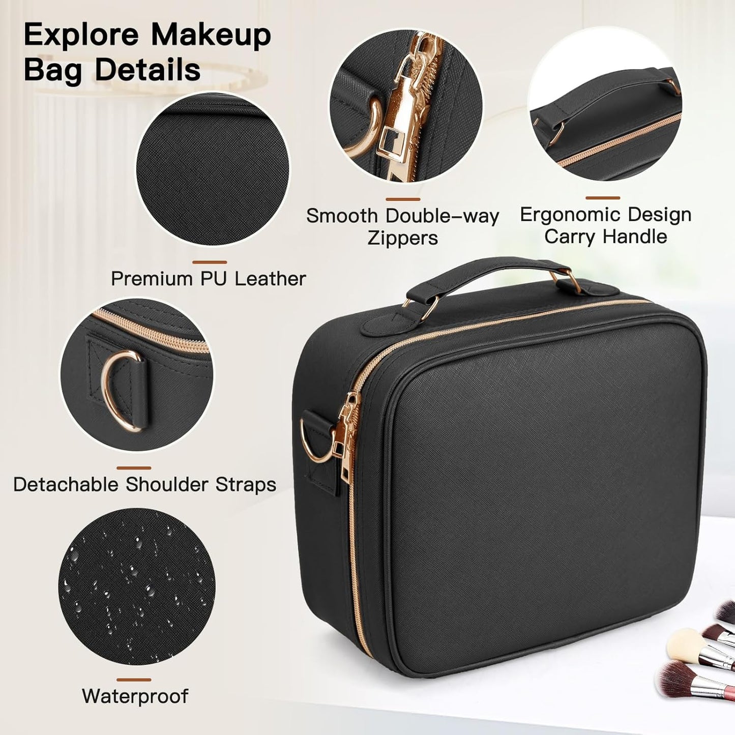 Travel Makeup Bag with LED Mirror, Cosmetic Bags for Women with Light up Mirror, Travel Essentials Makeup Organizer, Makeup Case with Adjustable Dividers and Brush Holder, 3 Color Lights