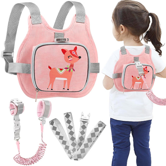 Accmor Toddler Harness Leash + Anti Lost Wrist Link, Cute Deer Kids Harness with Leash, Collapsible Child Leash Baby Walking Harness Protector Wristband Strap for Baby Girls Outdoor