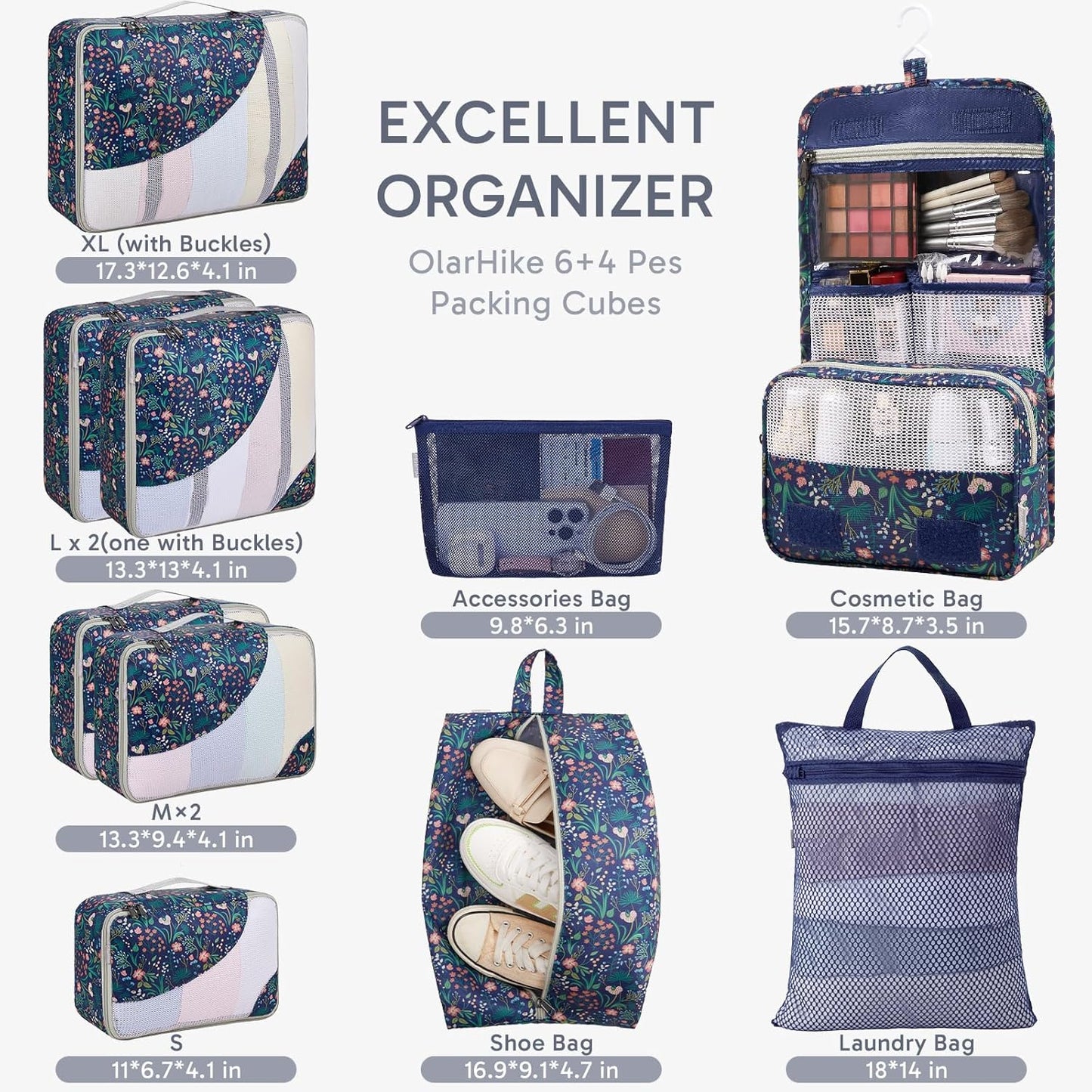 ALL INCLUDED 10 Set Durable Packing Cubes for Suitcases,OlarHike Essentials for Travel,UPGRADED Anti-Tear Stitching, NEW Improved Luggage Packing Organizers for Travel Accessories (Dark Blue Floral)