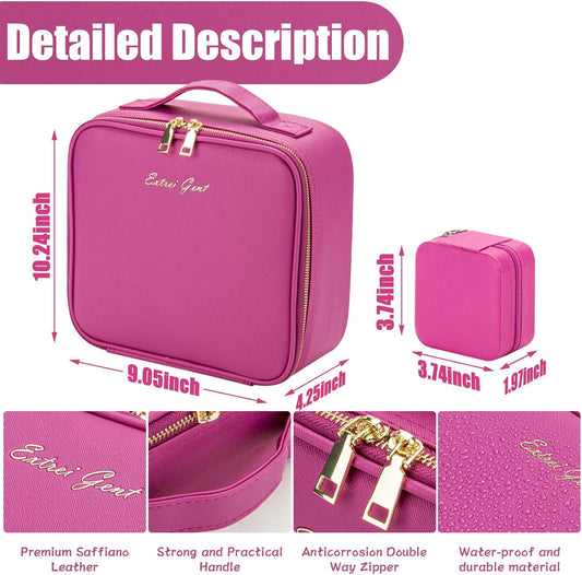 Makeup Travel Train Case with Mirror LED Light 3 Adjustable Brightness Large Cosmetic Bag Portable Storage Adjustable Partition Waterproof Makeup Brushes Make up Jewelry Gift for Women