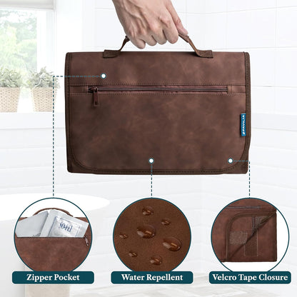 PAVILIA Hanging Toiletry Bag Men Women, Travel Kit Foldable Large Toiletries Organizer, Roll up Cosmetics Makeup Bag Accessories, Waterproof Essentials Dopp Case (Brown)