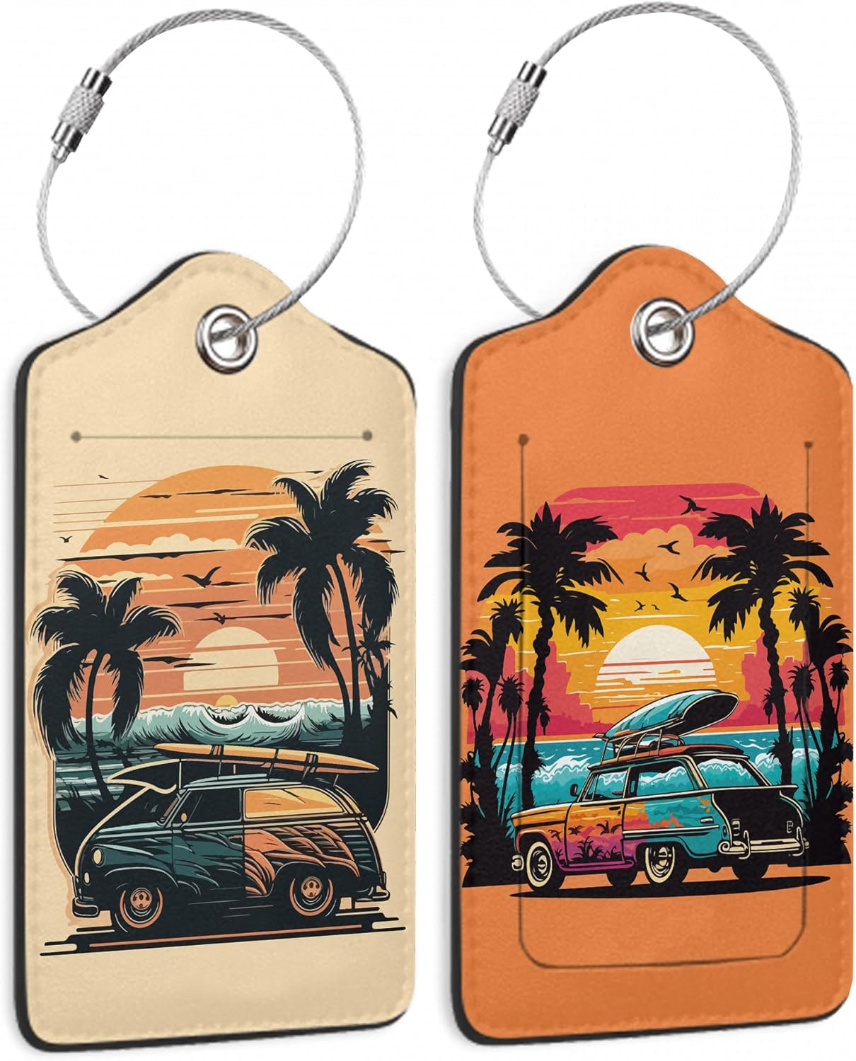 Car Palm Tree and Sunset On The Ocean 2 PCS Luggage Tags, Privacy Cover ID Label with Stainless Steel Loop and Address Card for Travel Bag Suitcase