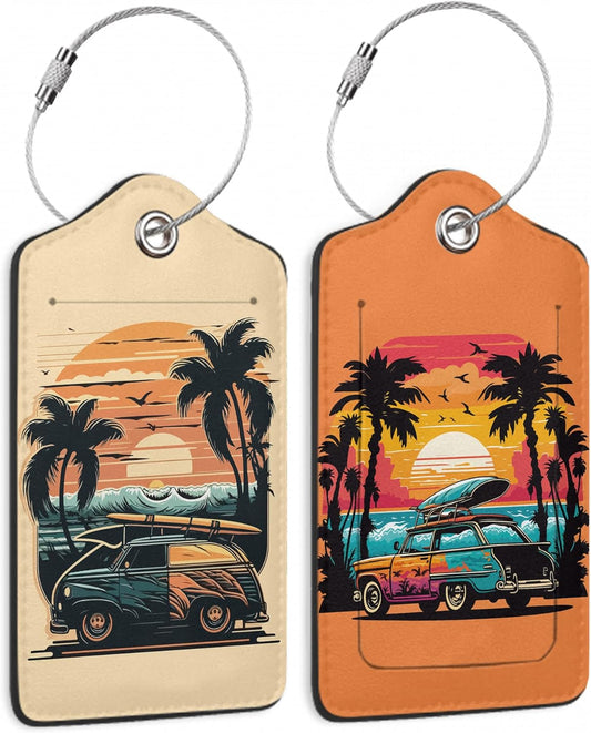 Car Palm Tree and Sunset On The Ocean 2 PCS Luggage Tags, Privacy Cover ID Label with Stainless Steel Loop and Address Card for Travel Bag Suitcase