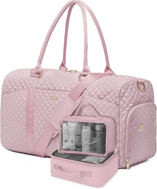 Women Duffle Weekender Travel Bag: Large Duffel Bags with Shoe Compartment Carry On Overnight Tote Bag with Wet Pocket Toiletry Bags Weekend Gym Yoga Hospital Bag for Labor and Delivery Pink 3Pcs Set