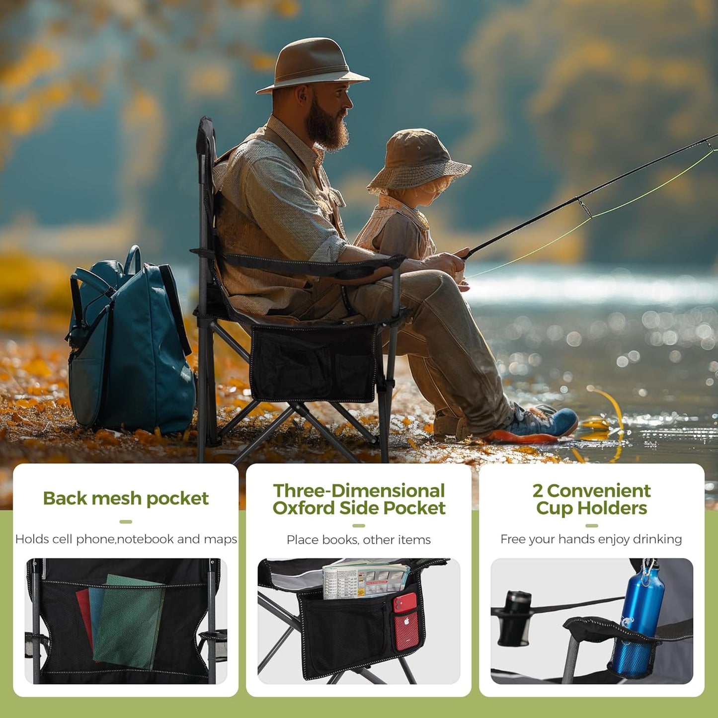 ALPHA CAMP Oversized Camping Folding Chair - Heavy Duty Steel Frame Support 350 LBS, Collapsible Padded Arm With Cup Holder, Quad Lumbar Back, Portable for Outdoor/Indoor