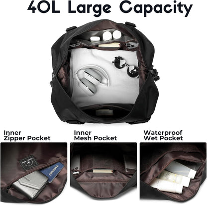 SUNNY BIRD Duffel with Utility Pouch, 40L Weekender Overnight Bag with Shoe Compartment for Travel and Sports (Black)