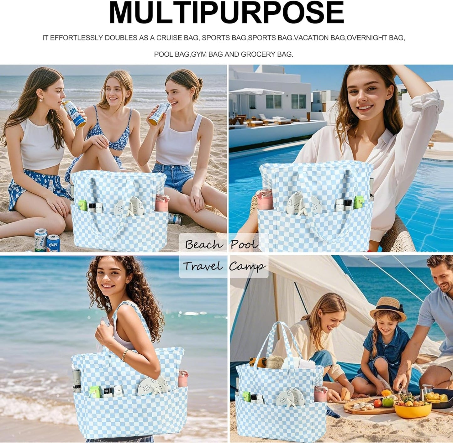 Waterproof Beach Tote Pool Bags for Women Ladies Extra Large Gym Tote Carry On Bag With Wet Compartment for Weekender Travel