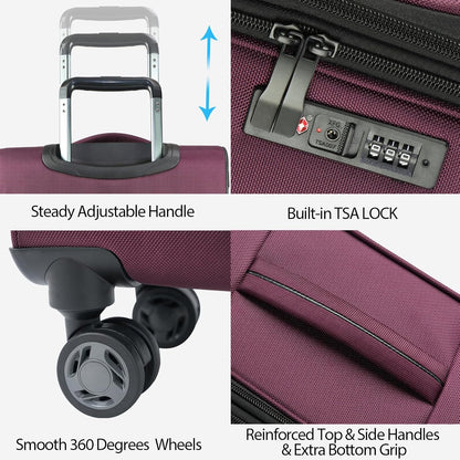 KROSER Softside Expandable Carry On Luggage with Spinner Wheels & Built-in TSA Lock, Durable Suitcase Rolling Luggage with USB Port, Carry-On 20-Inch, Burgundy